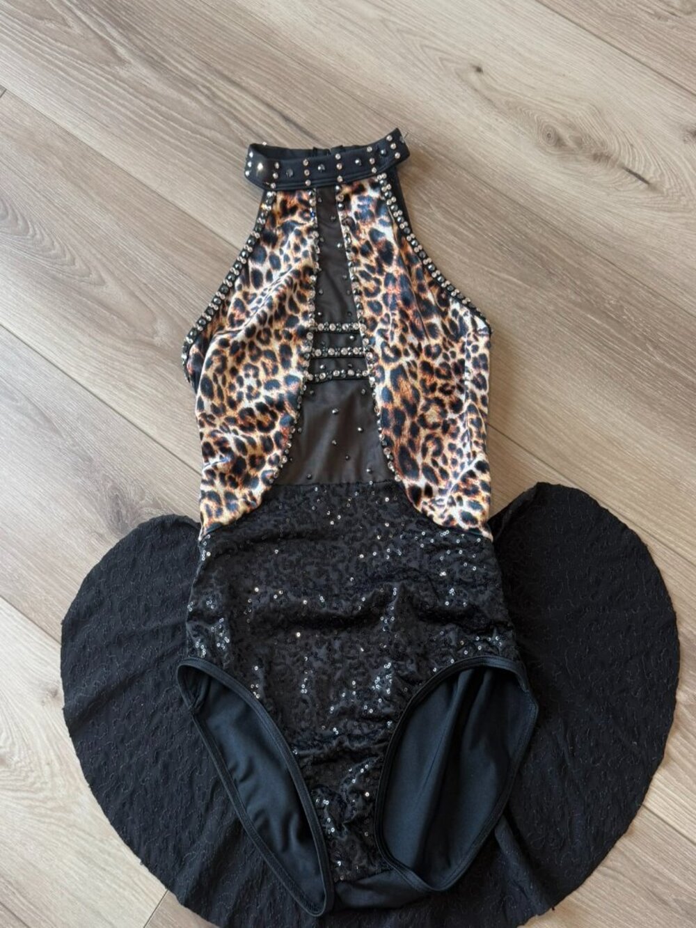 Leopard Print & Black Sequin Jazz Tap Dance Competition Costume ADULT SMALL
